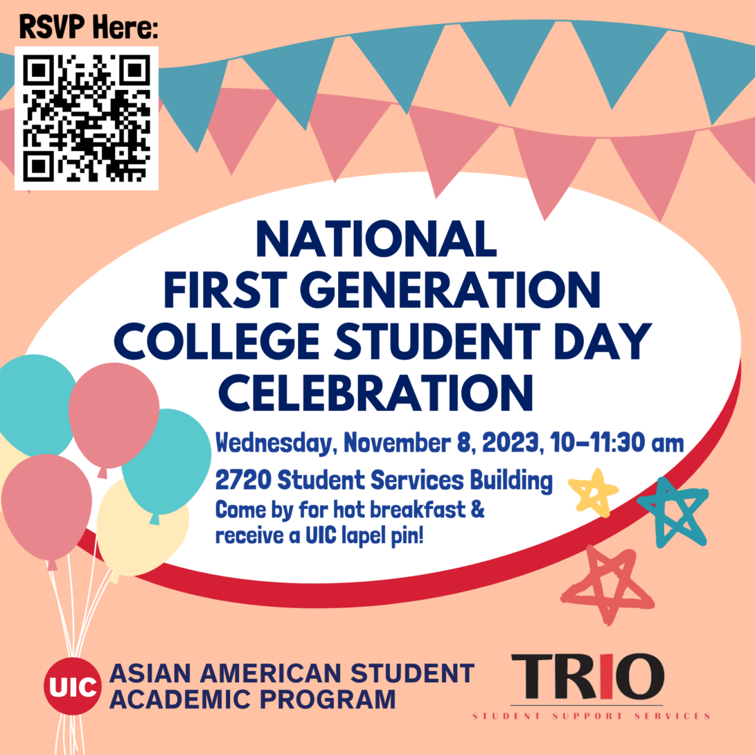 2023 National First Generation College Student Day Celebration graphic and details against a peach pink background