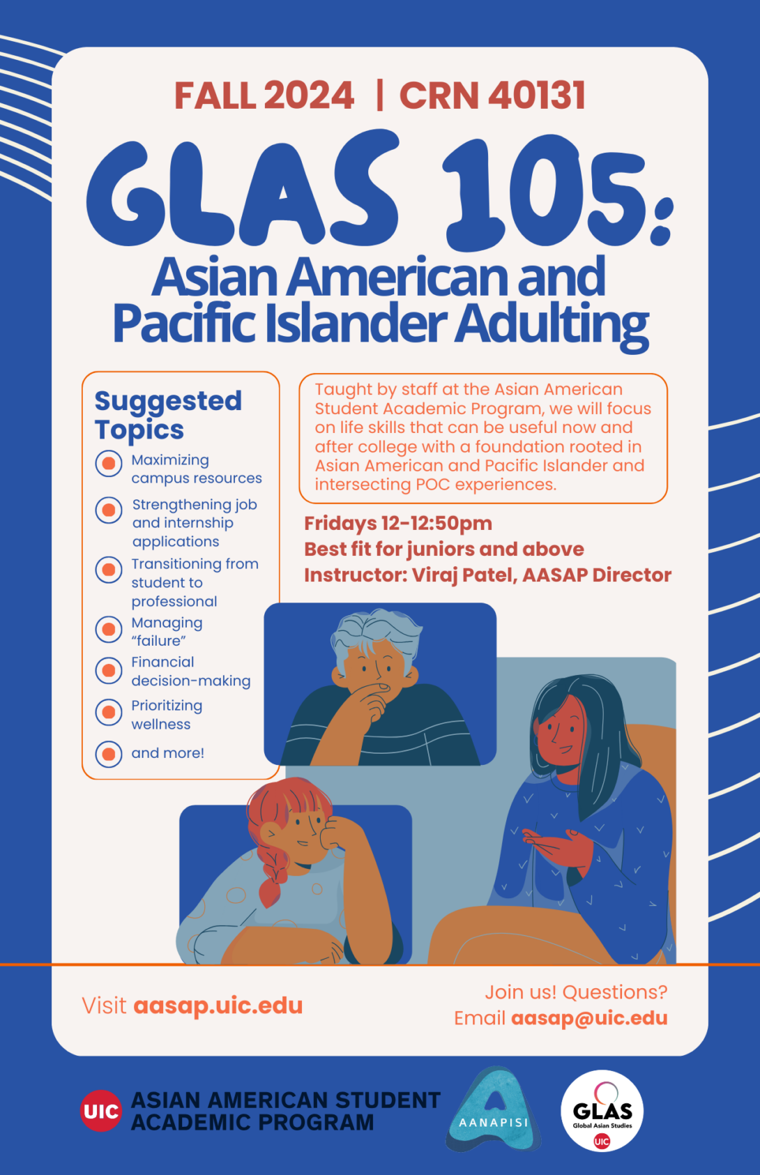 Flier for GLAS 105: Asian American and Pacific Islander Adulting which shows a white panel against a blue backdrop with words on it and people talking